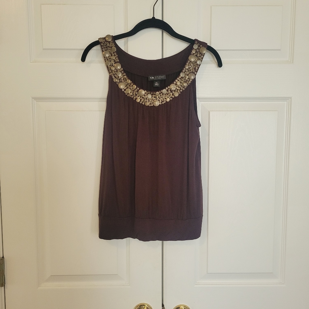 I.N. Studio Petite Small Brown Top with Muted Gold Embellishments